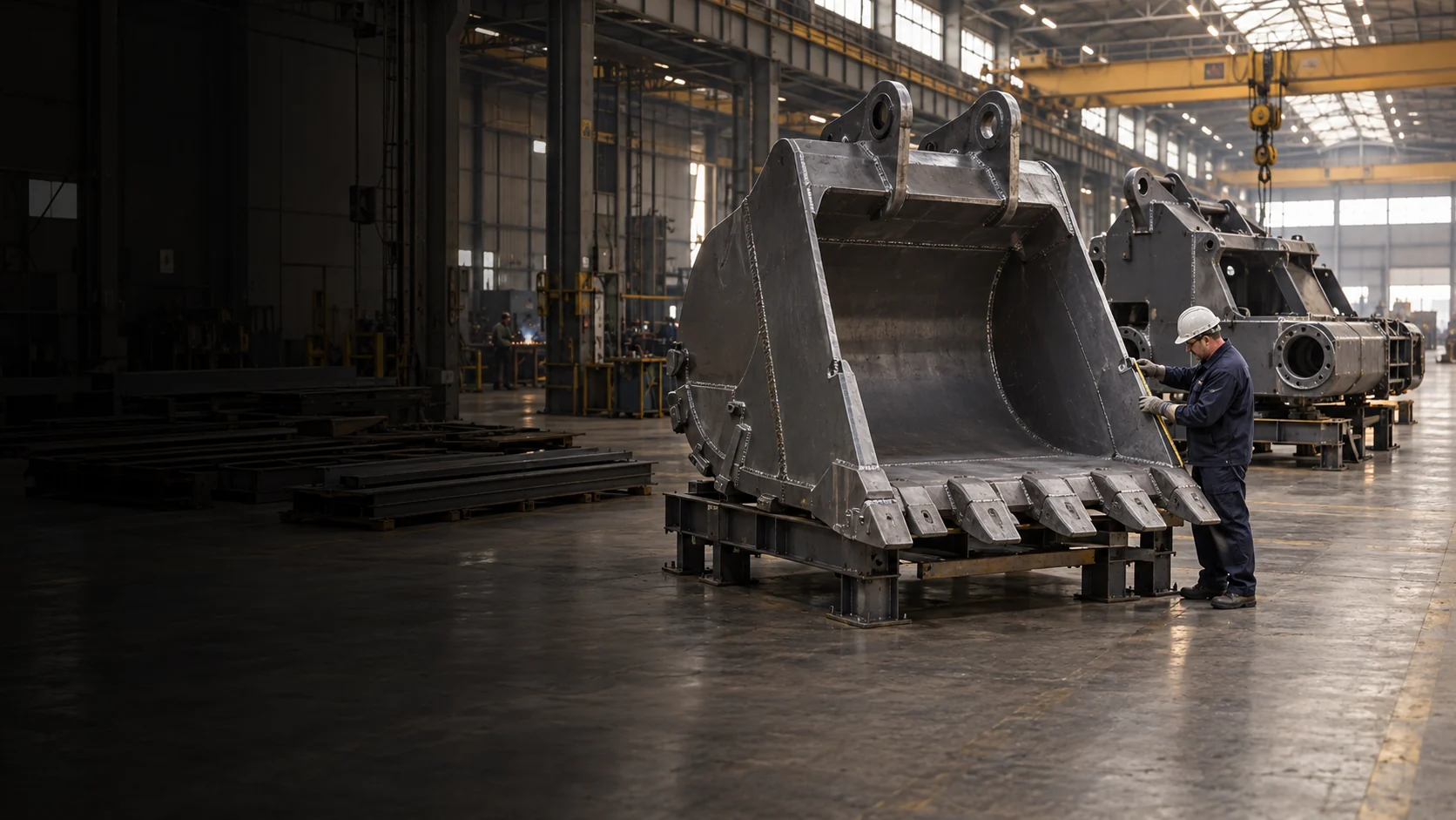 Illustrative image of a fabricated excavator bucket being inspected